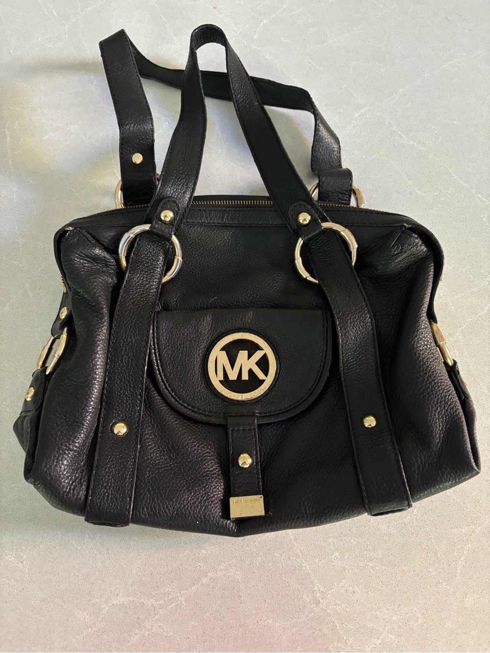 MICHAEL Michael Kors Fulton Large Leather Satchel Bag Black Gold Hardware Luxe
